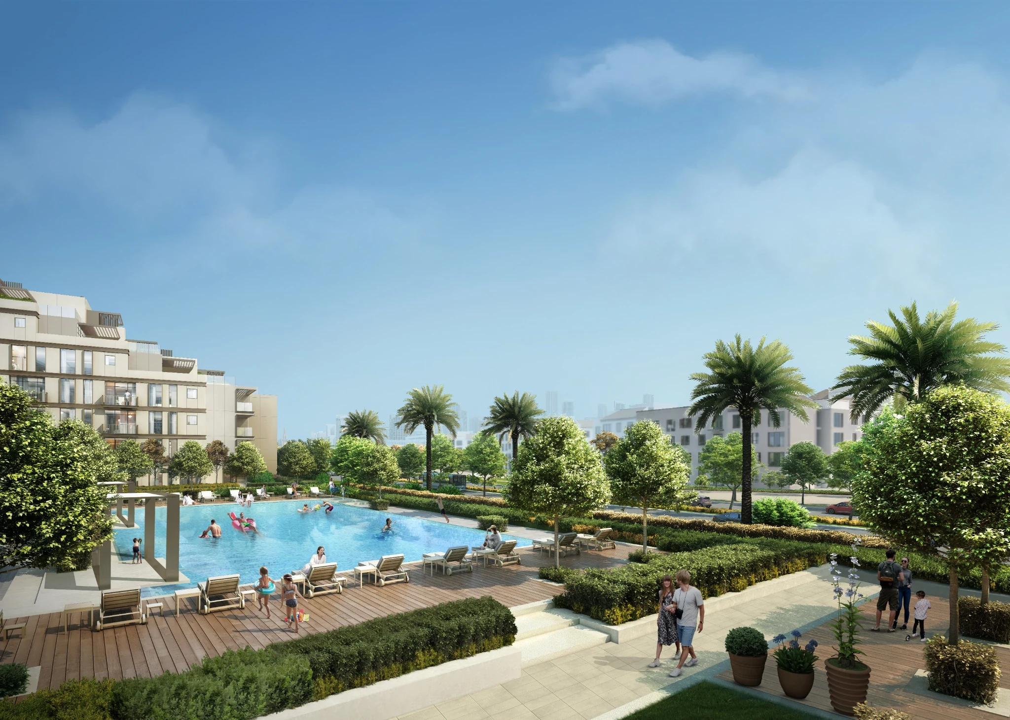 Residential community pool and landscaped amenity deck