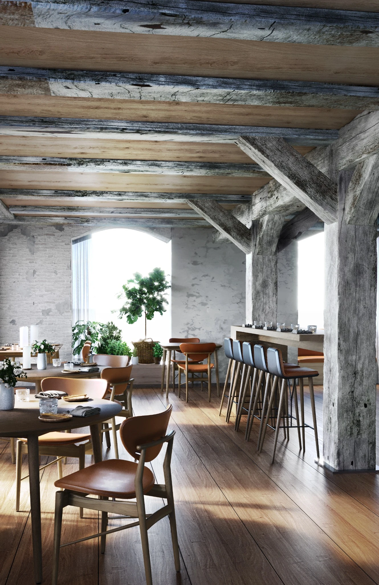 Rustic restaurant dining interior with timber beams