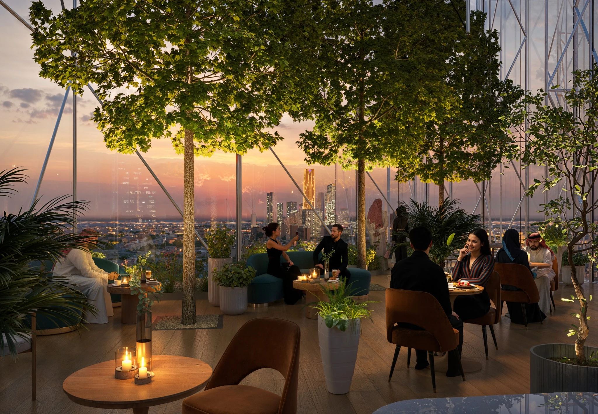 Sky garden restaurant at sunset